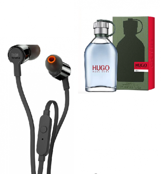 COMBO PERFUME HUGO MAN DE HUGO BOSS PARA HOMBRE 125 ML + AUDÍFONOS JBL ALÁMBRICOS IN EAR MANOS LIBRES T110 NEGRO