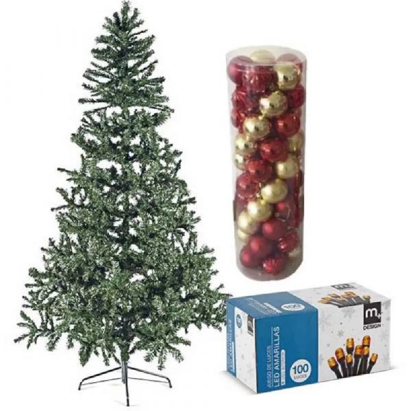 KIT ARBOL DE NAVIDAD 150 CM + SET DE 50 BOLAS + LUCES 100 BOMBILLOS