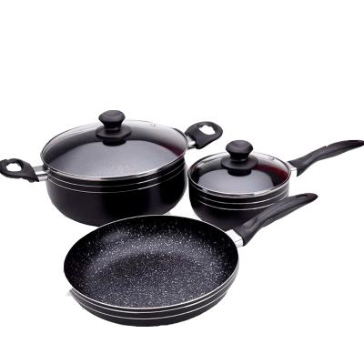 BATERIA 5 PZAS ALUM 1,8MM NEGRA INTERIOR ANTIADHERENTE PIEDRA OLLA 24 CMCON TV, PEROL 16 CM CON TAPA, SARTEN 24 CM SIN TAPA